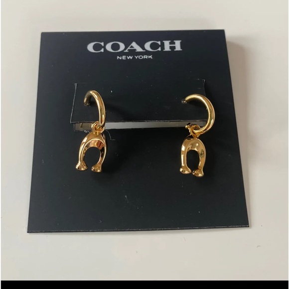 NWT COACH Gift Boxed Hanging C Charm Huggie Earrings Gold - Picture 4 of 6